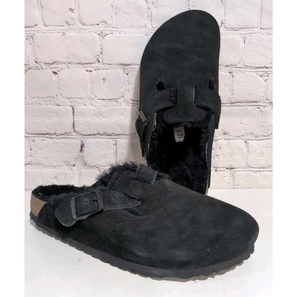 Birkenstock Boston Shearling Lined Black Suede Leather Clog Women's Size 10 NEW - Picture 1 of 14